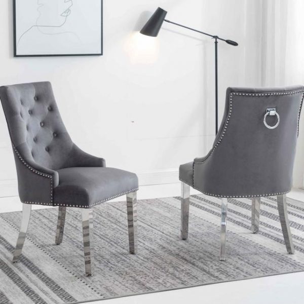 Louis 150cm White Marble Dining Table + Knightsbridge Dark Grey Knocker Plush Velvet Chairs