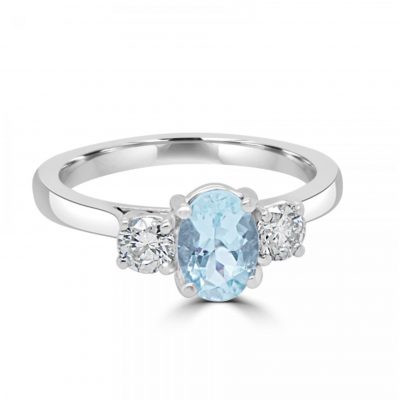 Aquamarine and Diamond 3 Stone Ring 18ct White Gold 0.70ct Oval Aquamarine and 0.37ct Diamond