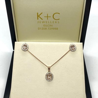 9ct Rose Gold Morganite & Diamond Pendant & Earring Set (DRAWN 27.03.21)