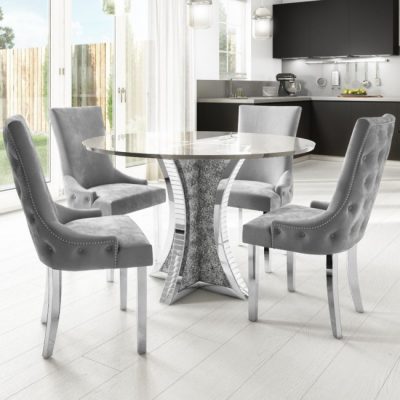 Round Mirrored Glass Top Dining Table with 4 Dining Chairs in Grey Velvet (DRAWN 29.03.21)