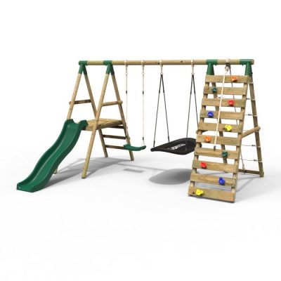 Rebo Wooden Swing Set with Deck and Slide plus Up and Over Climbing Wall (DRAWN 31.03.21)
