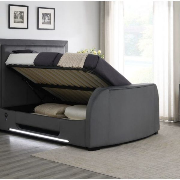 Maddison III Grey Velvet Ottoman Storage TV Bed With LED Floor Lighting & USB Charging (DRAWN 13.03.21)