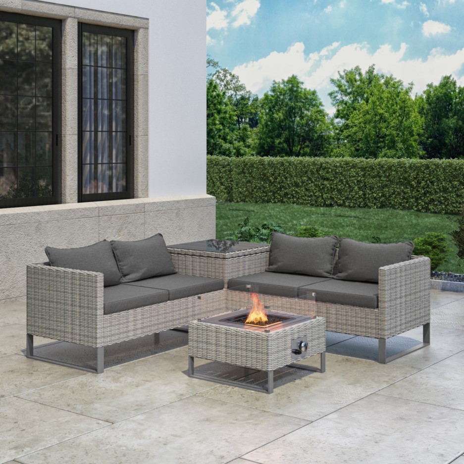 Grey Rattan Garden Corner Sofa Set with Storage and Fire Pit Table
