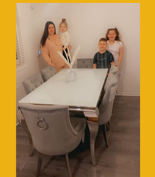 Won the Jade Boutique Mirrored Dining Table with Silver Grey Velvet Dining Chairs!!