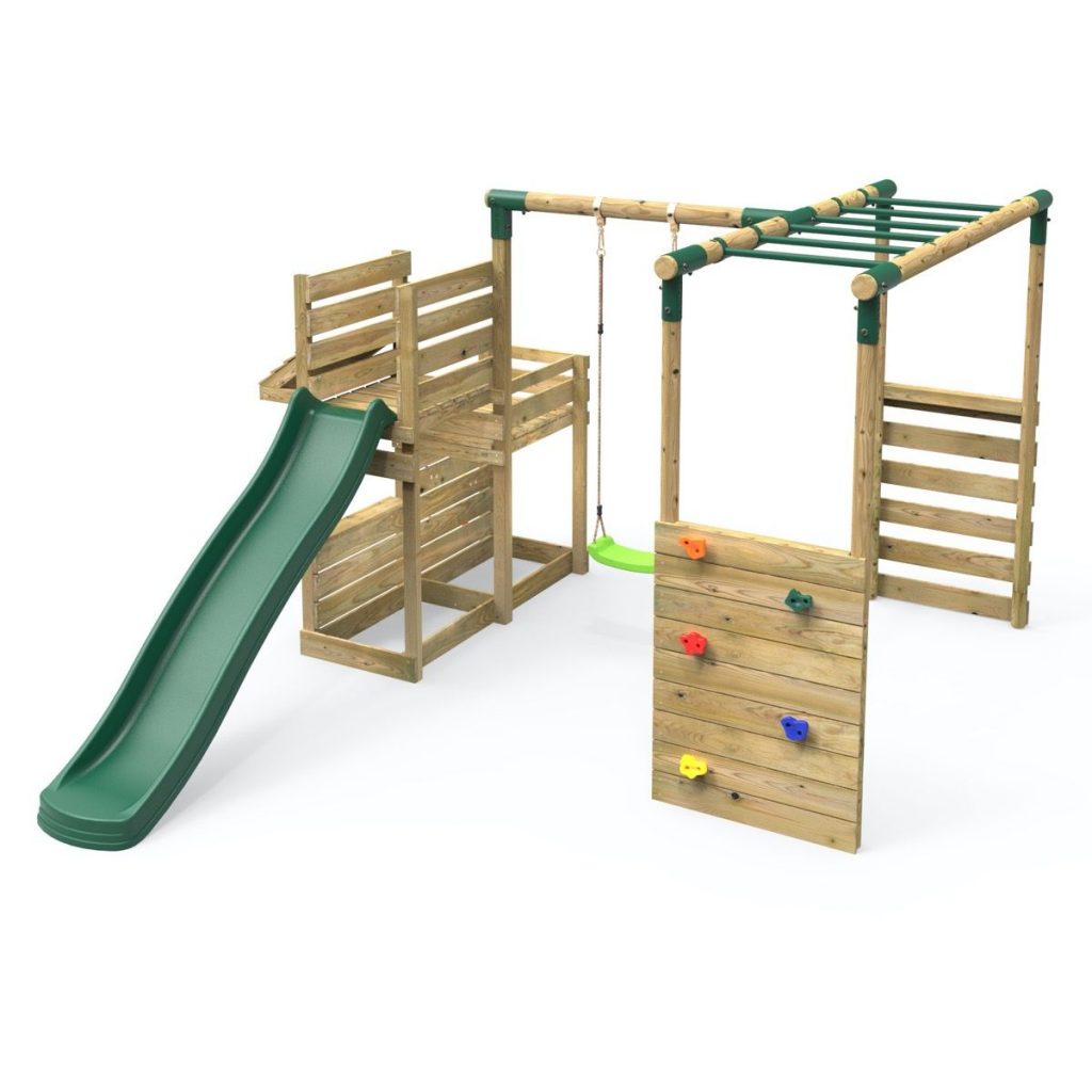 Rebo Wooden Swing Set plus Deluxe Deck, 8FT Slide & Monkey Bars Solar