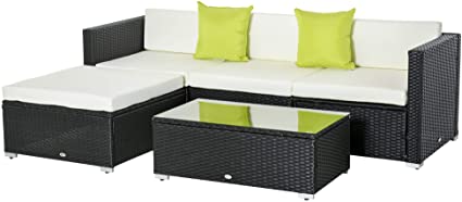 5PC Rattan Furniture Set Outdoor - Sofa & Coffee Table Combo Patio Furniture set - w/Cushion Pillows Black (DRAWN 18.03.22)