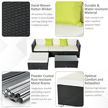 5PC Rattan Furniture Set Outdoor - Sofa & Coffee Table Combo Patio Furniture set - w/Cushion Pillows Black (DRAWN 18.03.22)