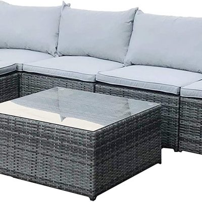 EVRE Rattan Outdoor Garden Furniture Set Grey MIAMI Sofa, Coffee Table, Foot Stool Rattan (DRAWN 25/03/22)