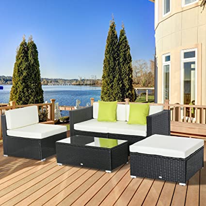 5PC Rattan Furniture Set Outdoor - Sofa & Coffee Table Combo Patio Furniture set - w/Cushion Pillows Black (DRAWN 18.03.22)