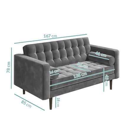 Mid Century Quilted Grey Velvet 3 Seater and 2 Seater Sofa Set - Elba - Grey (DRAWN 06.04.22)