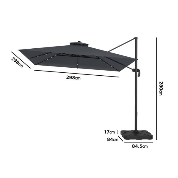 3x3m Square Cantilever Garden Parasol with Solar Lights - Grey (DRAWN 25/03/22)