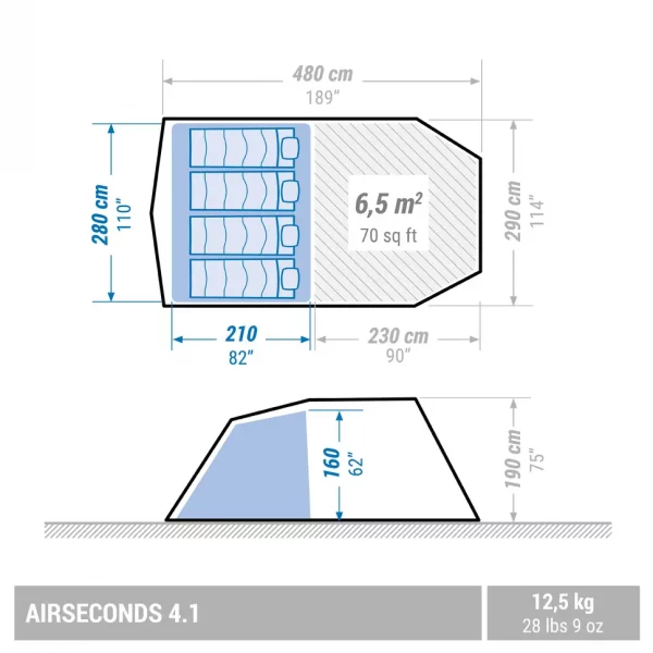 INFLATABLE CAMPING TENT - AIR SECONDS 4.1 - 4 PERSON - 1 BEDROOM (INC FOOT PUMP) (DRAWN 30.03.22)