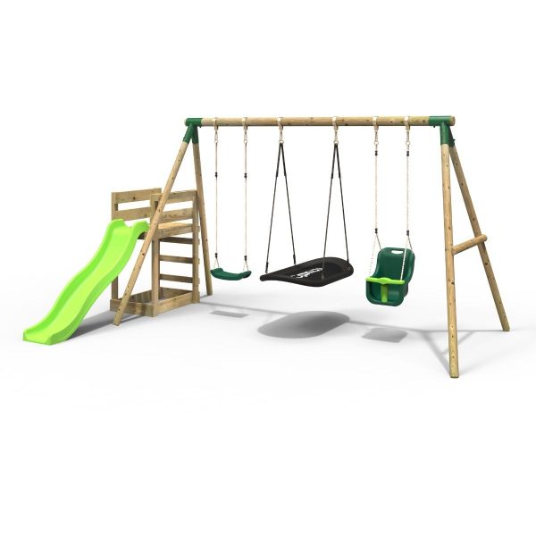 Rebo Wooden Swing Set plus Deck & Slide - Halley Green (DRAWN 18.03.22)