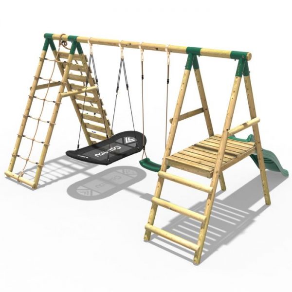 Rebo Wooden Swing Set with Deck and Slide plus Up and Over Climbing