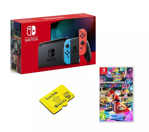 NINTENDO Switch Neon, Mario Kart 8 Deluxe & SanDisk 256 GB Memory Card Bundle (DRAWN 17/08/22)