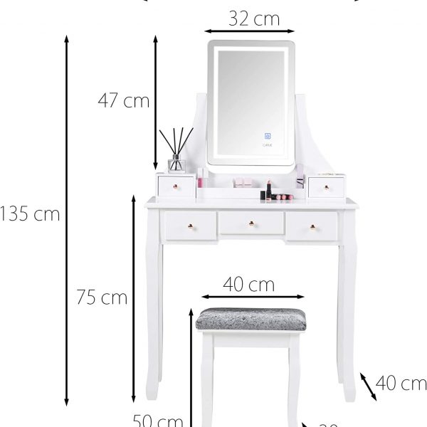 White Dressing Table with Touch Mirror LED Light and Stool (DRAWN 29.08.22)