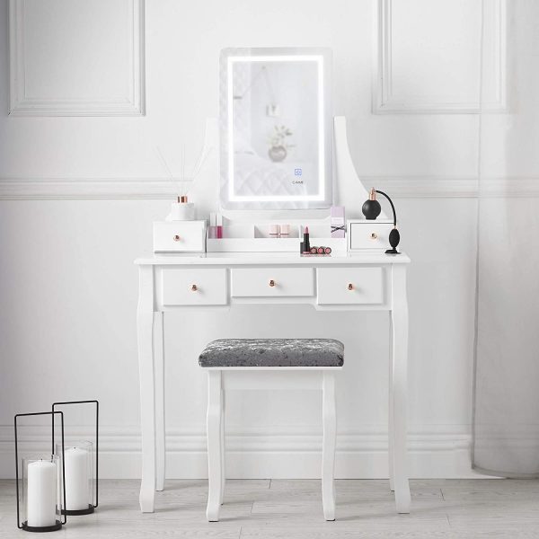 White Dressing Table with Touch Mirror LED Light and Stool (DRAWN 29.08.22)