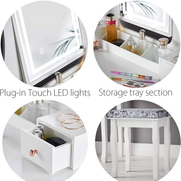 White Dressing Table with Touch Mirror LED Light and Stool (DRAWN 29.08.22)