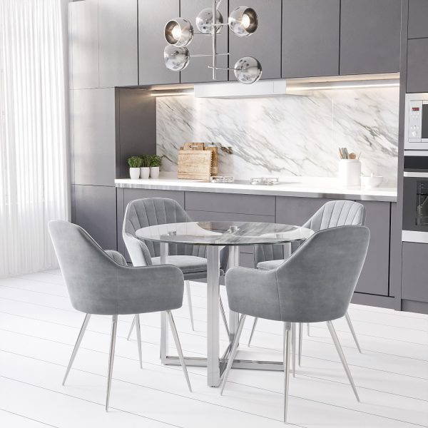 Round Glass Dining Table with 4 Grey Velvet Cantilever Dining Chairs - Alana Boutique (DRAWN 26.08.22)