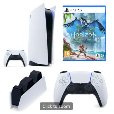 PLAYSTATION 5 CONSOLE + HORIZON FORBIDDEN WEST + DUALSENSE WIRELESS CONTROLLER - WHITE + PS5 CHARGING STATION (DRAWN 22.08.22)