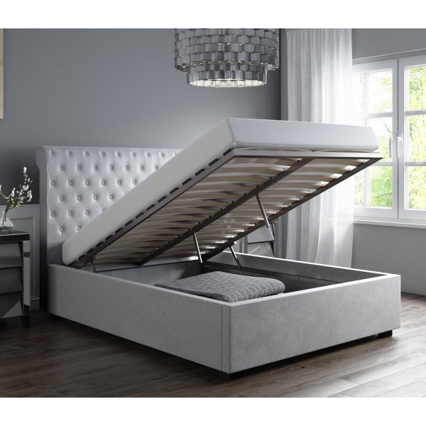 Safina Grey Velvet King Size Ottoman Bed with Roll-Top Headboard and Mattress (DRAWN 24/08/22)