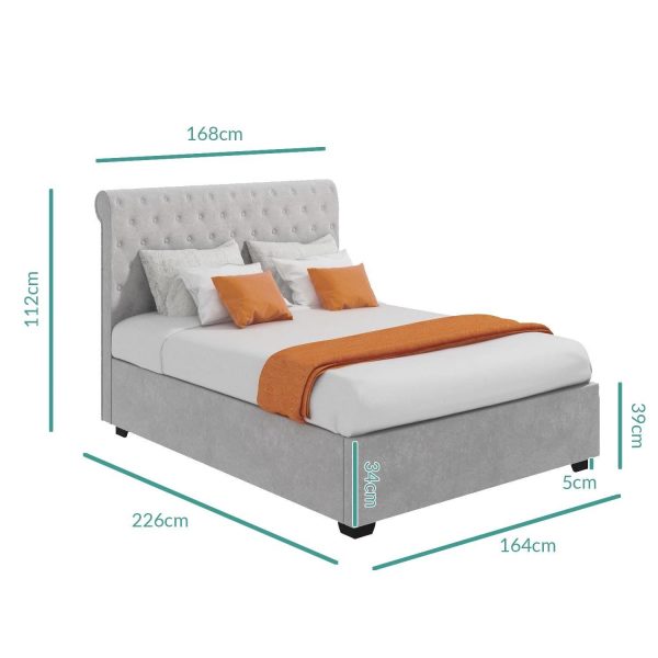 Safina Grey Velvet King Size Ottoman Bed with Roll-Top Headboard and Mattress (DRAWN 24/08/22)