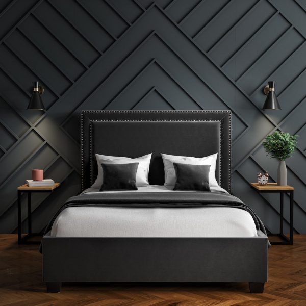Dark Grey Velvet King Size Ottoman Studded Headboard Bed and Mattress (DRAWN 07.09.22)