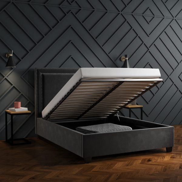 Dark Grey Velvet King Size Ottoman Studded Headboard Bed and Mattress (DRAWN 07.09.22)