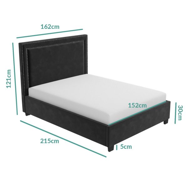 Dark Grey Velvet King Size Ottoman Studded Headboard Bed and Mattress (DRAWN 07.09.22)