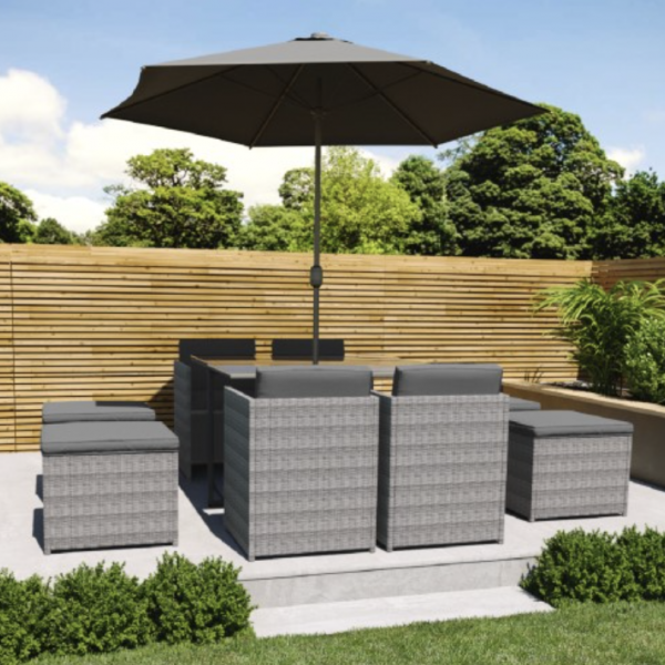 8 Seater Dark Grey Rattan Cube Garden Dining Set - Parasol Included (DRAWN 08.08.22)