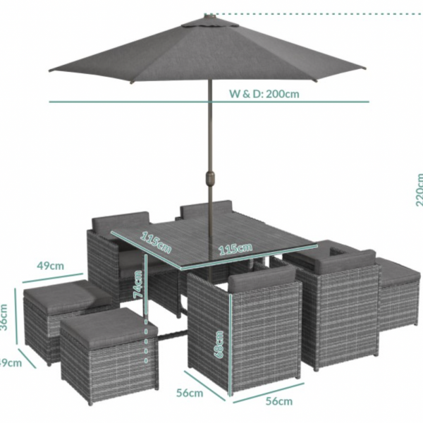 8 Seater Dark Grey Rattan Cube Garden Dining Set - Parasol Included (DRAWN 08.08.22)