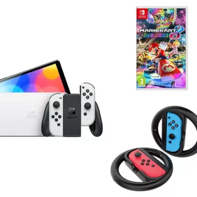 NINTENDO Switch OLED - White, Mario Kart 8 Deluxe & Venom Joy-Con Racing Wheels Bundle (DRAWN 16.09.22)