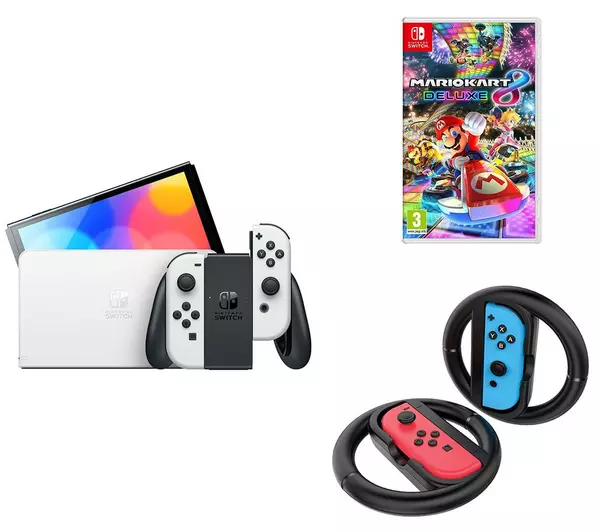 Nintendo Switch OLED White with Mario Kart 8 Deluxe Game Bundle 