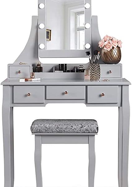 Deluxe Grey Dressing Table Set with Hollywood Bulbs LED Lights Vanity Mirror Stool Drawers (DRAWN 16.09.22)