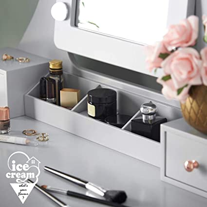 Deluxe Grey Dressing Table Set with Hollywood Bulbs LED Lights Vanity Mirror Stool Drawers (DRAWN 16.09.22)
