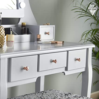 Deluxe Grey Dressing Table Set with Hollywood Bulbs LED Lights Vanity Mirror Stool Drawers (DRAWN 16.09.22)