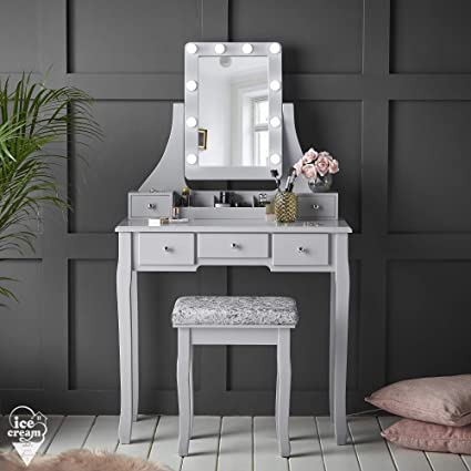 Deluxe Grey Dressing Table Set with Hollywood Bulbs LED Lights Vanity Mirror Stool Drawers (DRAWN 16.09.22)