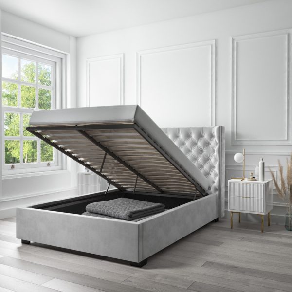 Light Grey Velvet Double Ottoman Bed with Curved Headboard and Mattress (DRAWN 26.09.22)