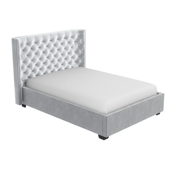 Light Grey Velvet Double Ottoman Bed with Curved Headboard and Mattress (DRAWN 26.09.22)