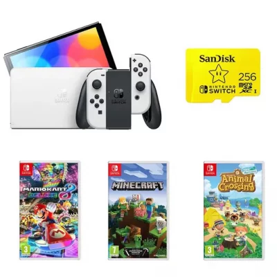 NINTENDO Switch OLED White, Games & SanDisk 256 GB Memory Card Bundle #4 (DRAWN 10.10.22)