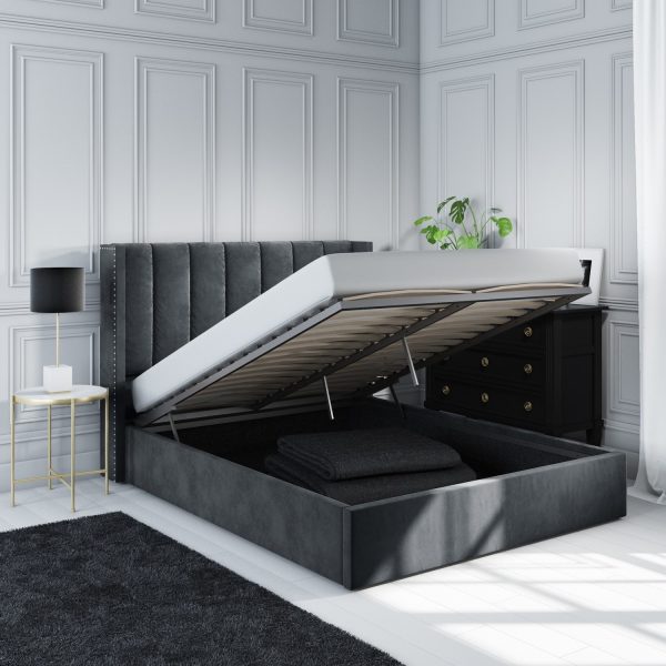 Grey Velvet King Size Ottoman Bed with Winged Headboard and Mattress (DRAWN 14.10.22)
