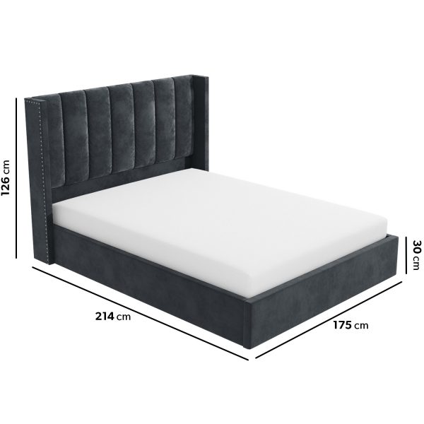 Grey Velvet King Size Ottoman Bed with Winged Headboard and Mattress (DRAWN 14.10.22)