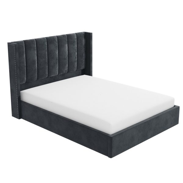 Grey Velvet King Size Ottoman Bed with Winged Headboard and Mattress (DRAWN 14.10.22)