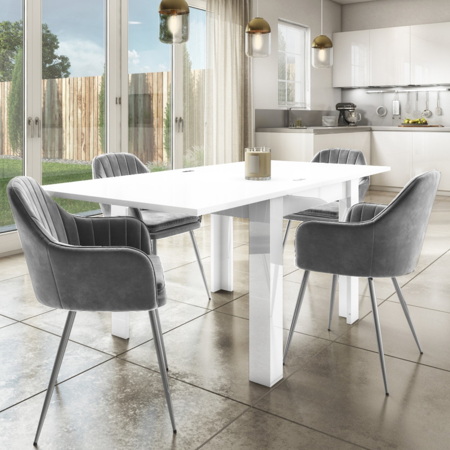 White Gloss Flip Top Extending Dining Table with 4 Grey Velvet Dining