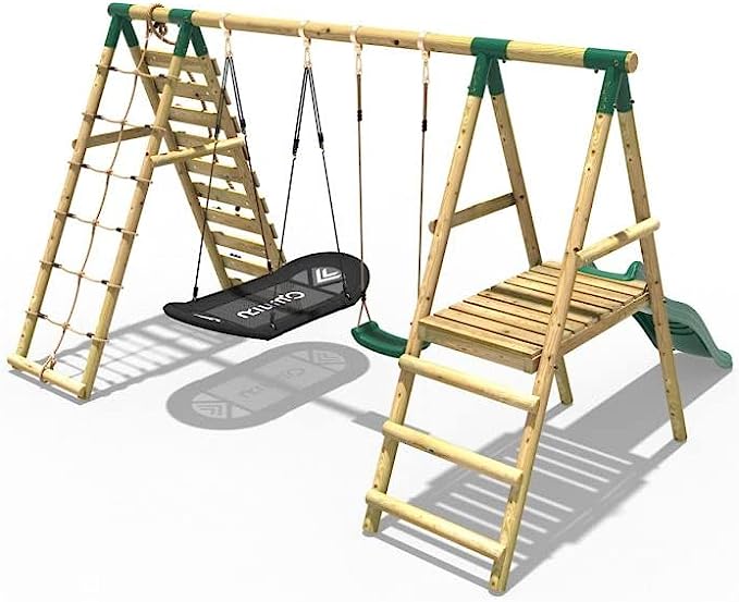Rebo® Wooden Swing Set with Deck and Slide plus Up and Over Climbing
