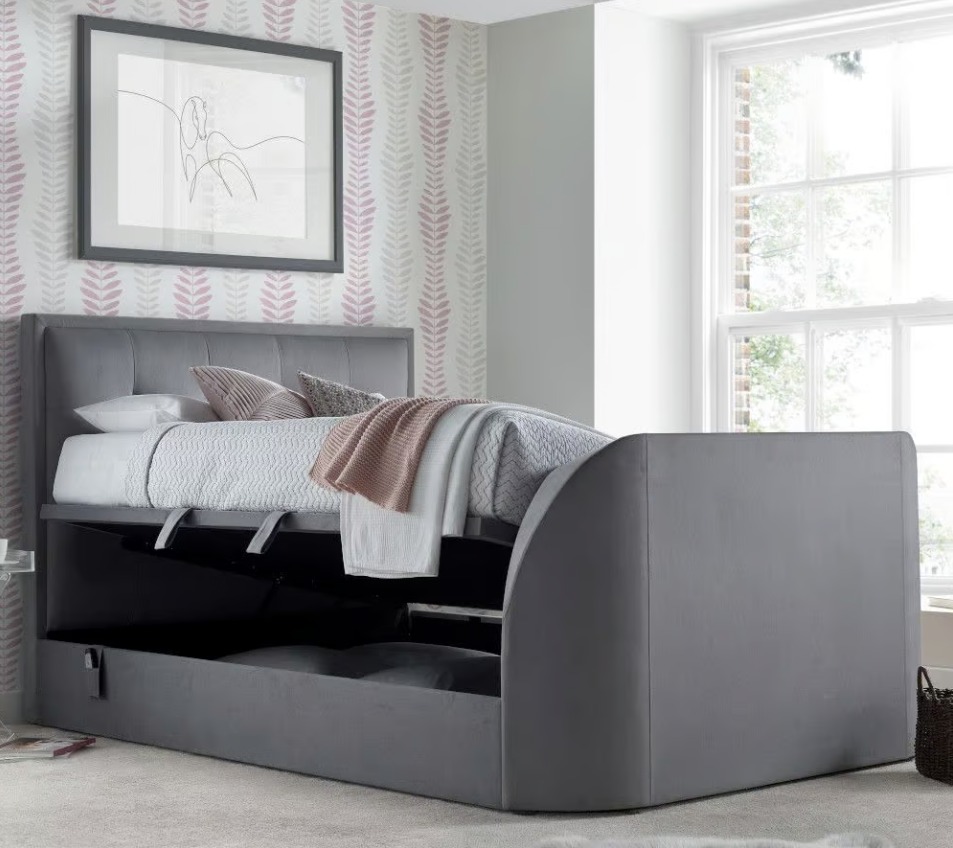 Grey Velvet Ottoman Electric Media King Size TV Bed (Mattress and TV
