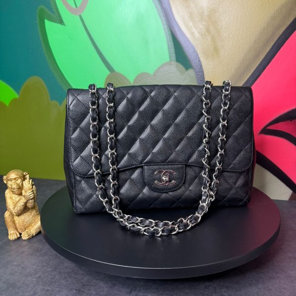 CHANEL BLACK CLASSIC JUMBO SINGLE FLAP WITH SILVER HARDWARE 🎁