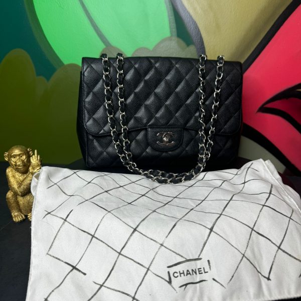 CHANEL BLACK CLASSIC JUMBO SINGLE FLAP WITH SILVER HARDWARE 🎁