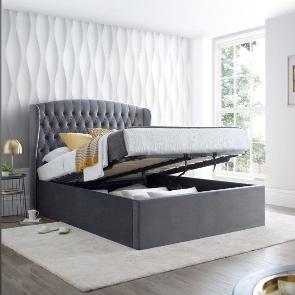 Warwick Grey Velvet Fabric Winged Ottoman Bed Frame - 5ft King Size + Mattress