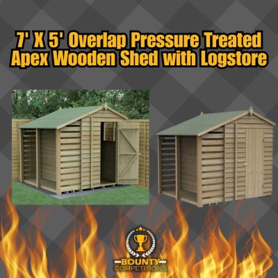 🪵 7' X 5' Overlap Pressure Treated Apex Wooden Shed with Logstore 🪵